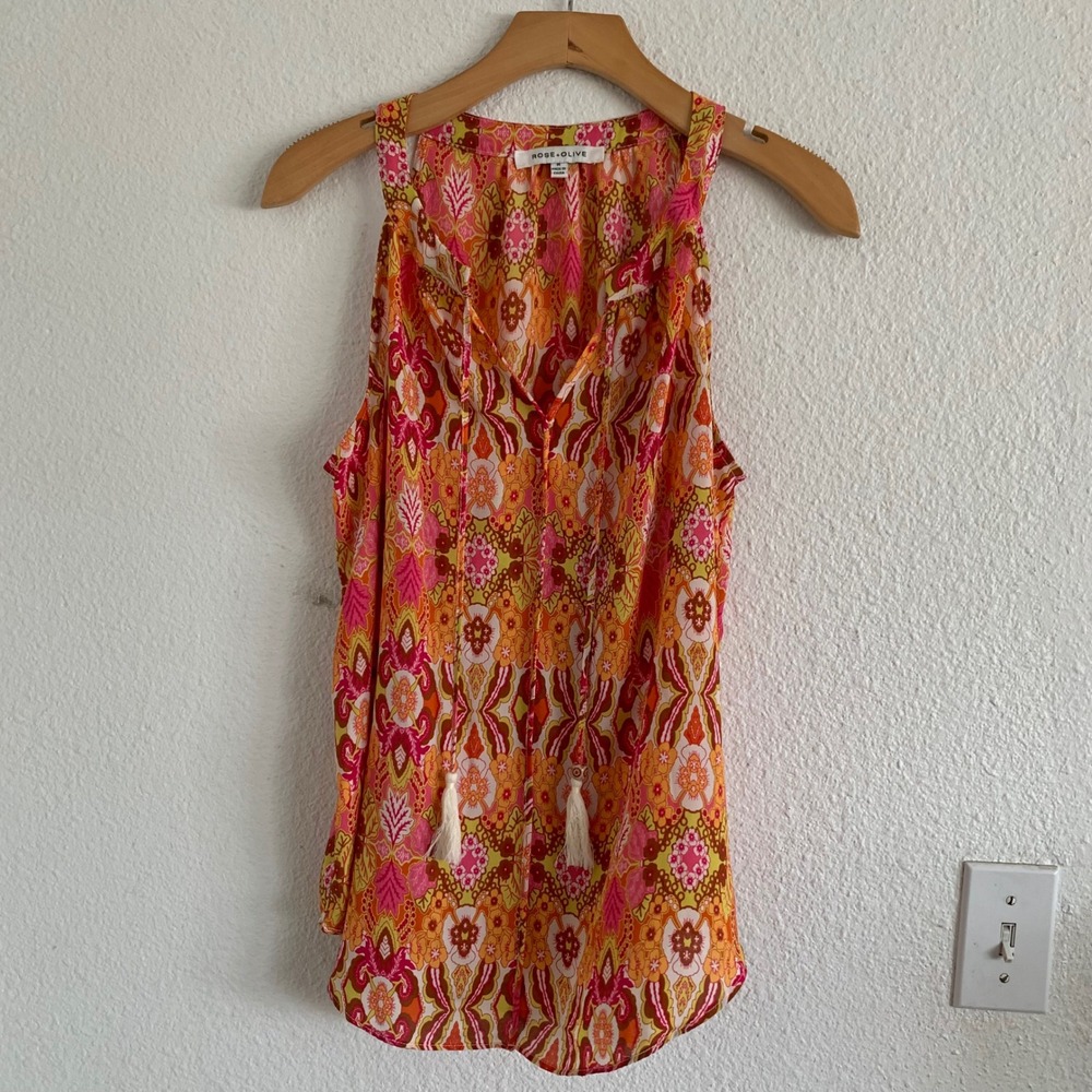 Rose & Olive‎ Paisley Print Sleeveless Tassel Tie Neck Blouse Top Womens M